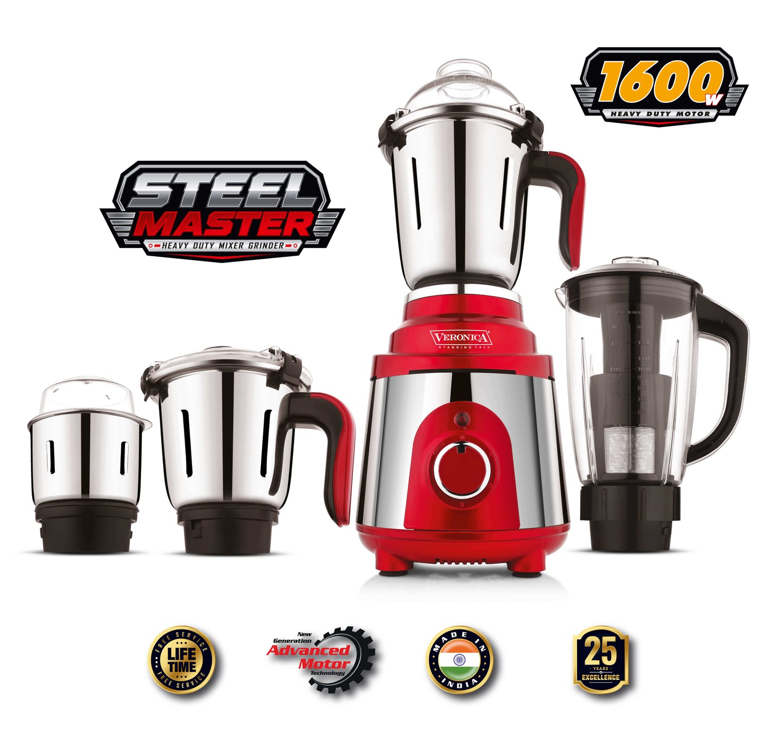 Veronica Steel Master 1600W Heavy Duty Mixer Grinder with 4 Jars and Advanced Motor