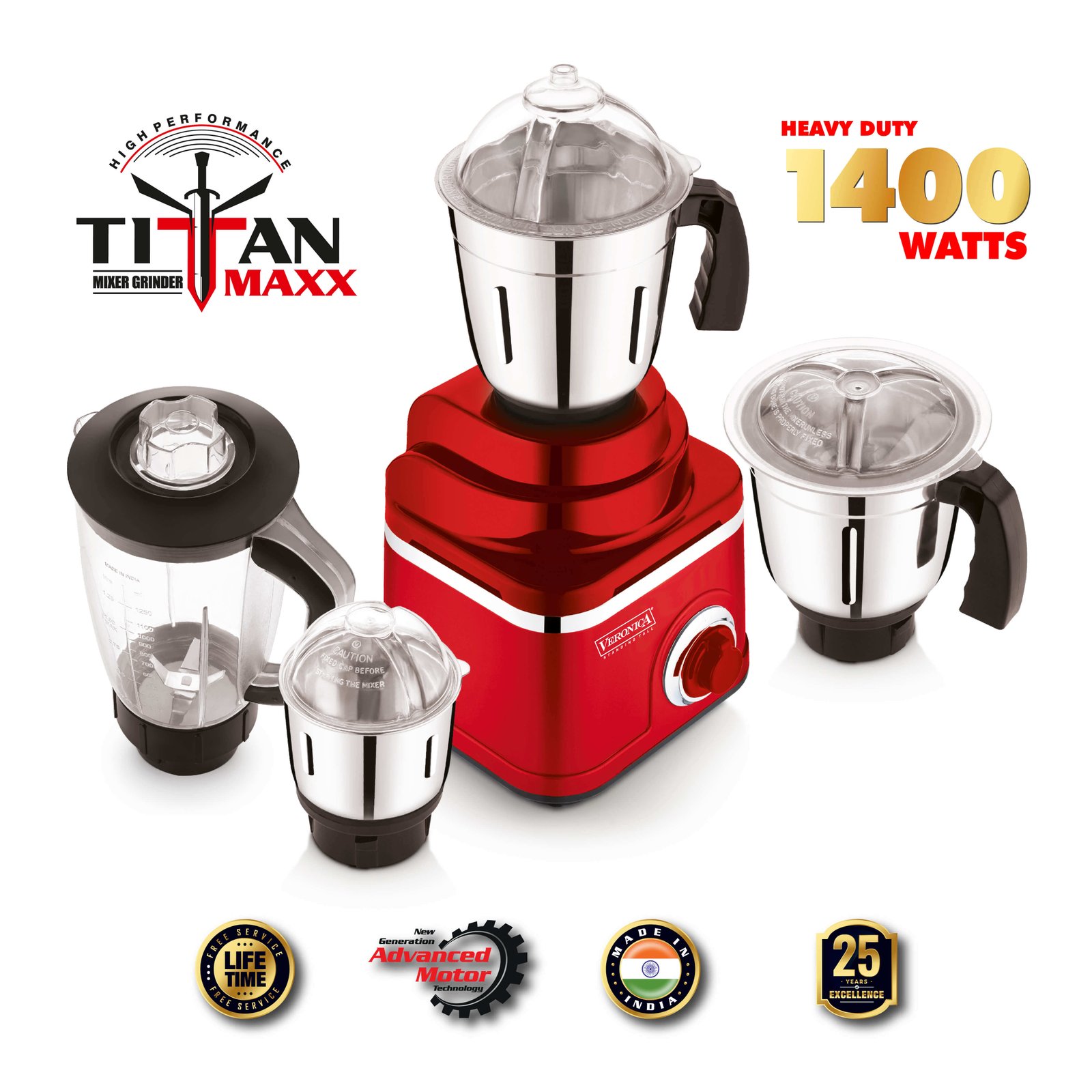 Veronica Titan Maxx 1400W High Performance Mixer Grinder with 4 Jars and Advanced Motor